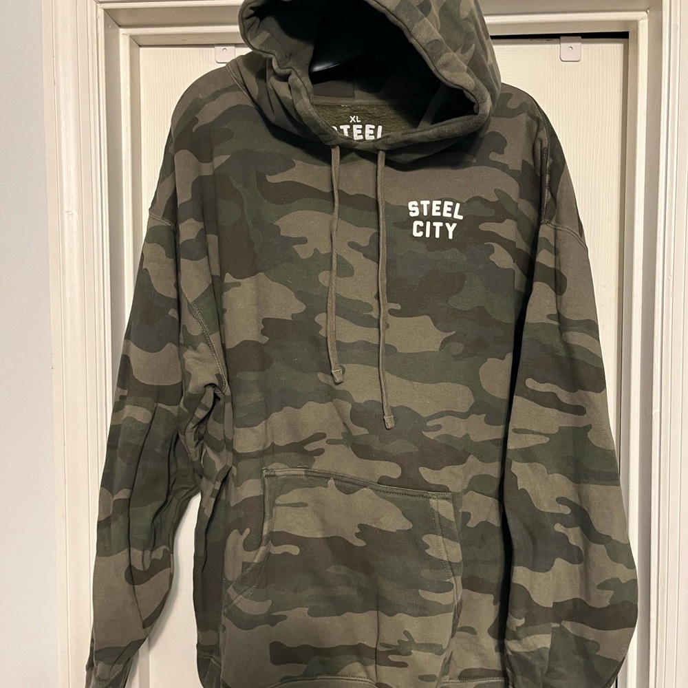 Camouflage Pullover Hoodie with Hood and Text Design